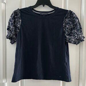Tommy Hilfiger Womens Navy T-Shirt With Embroidered Floral Sleeves L